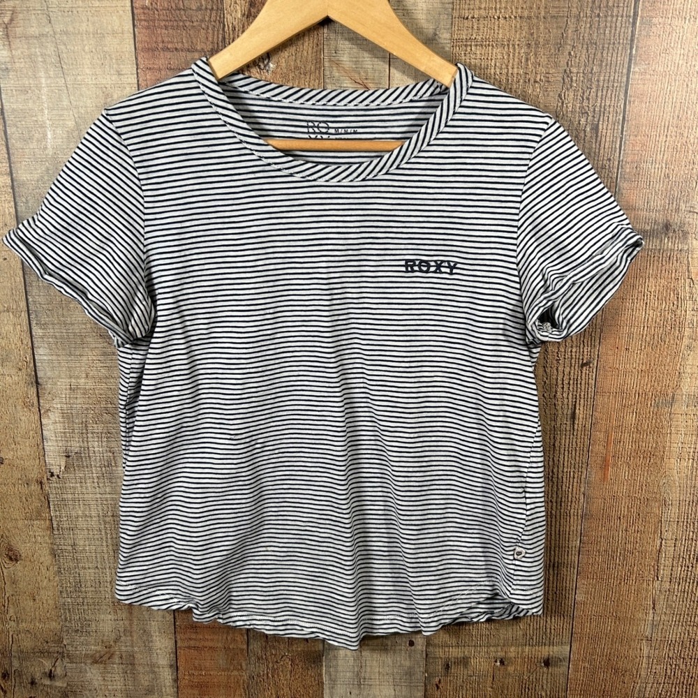 Roxy Womens Striped Short Sleeve T-Shirt Navy Blue White Logo Medium Surf Tee